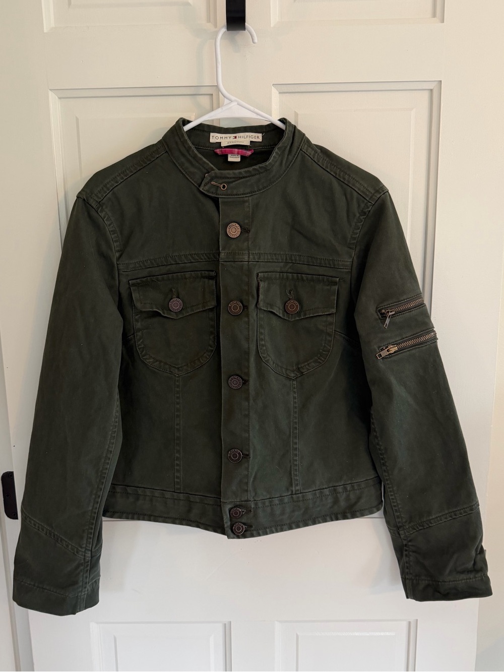 Vintage Tommy Hilfiger Olive Military Utility Jacket Y2K Zip Sleeve Size 12